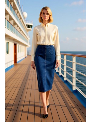 Benerly Kadın Midi Kalem Denim Etek Yüksek Bel Düz Kesim Fonksiyonel Dayanıklı Kaliteli Konforlu Şık