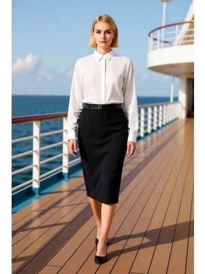 Benerly Kadın Yüksek Bel Kalem Midi Etek Çift Kemerli Fonksiyonel Dayanıklı Kaliteli Konforlu Spor