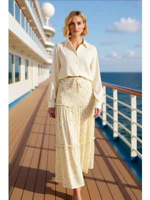 Benerly Kadın Maxi Etek Büzgülü Drape Detaylı Çiçek Baskılı Normal Bel Fonksiyonel Dayanıklı Rahat