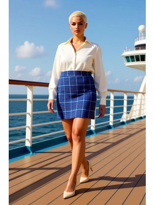 Benerly Kadın Tüvit Dokuma Ekose Desenli Kalem Mini Etek Yüksek Bel Fonksiyonel Dayanıklı Kaliteli