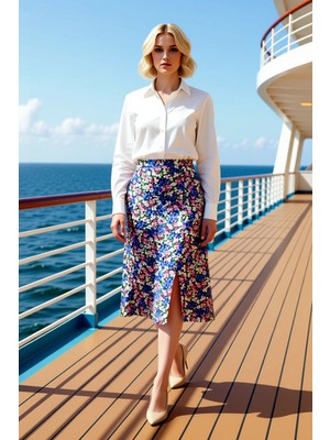 Benerly Kadın Çiçek Desenli Yırtmaçlı Midi Dokuma Etek Yüksek Bel A Kesim %100 Viskoz Fonksiyonel Şık