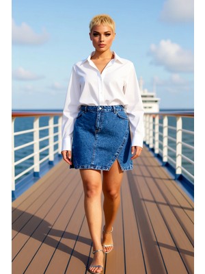 Benerly Kadın Yüksek Bel Denim Etek Ön Yırtmaçlı Düz Kalıp Kısa Boy Fonksiyonel Dayanıklı Kaliteli