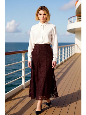 Benerly Kadın Maxi Boy Dantel Kumaş Örme Etek Düz Desen Standart Kalıp Fonksiyonel Dayanıklı Rahat