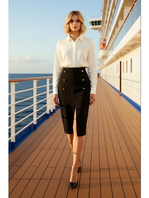 Benerly Kadın Kalem Yırtmaçlı Düğmeli Normal Bel Midi Etek Fonksiyonel Dayanıklı Kaliteli Konforlu