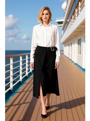 Benerly Kadın Midi Etek Yüksek Bel Skater Kalıp Kemer Detaylı Fonksiyonel Dayanıklı Kaliteli Rahat