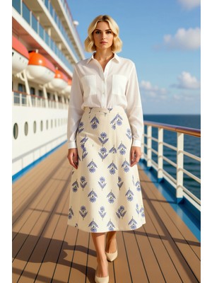 Benerly Kadın A Line Midi Etek Yüksek Bel Çiçek Desenli Dokuma %50 Keten %50 Pamuk Fonksiyonel Şık