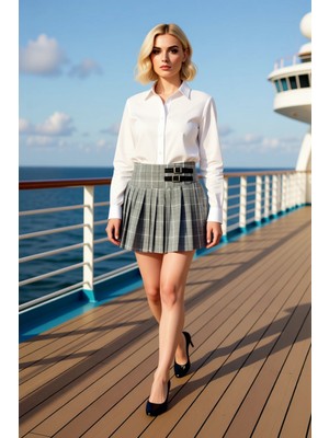 Benerly Kadın Yüksek Bel Piliseli Ekose Mini Etek Fonksiyonel Dayanıklı Kaliteli Konforlu Estetik Şık