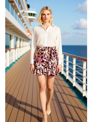 Benerly Kadın Çiçekli Fırfırlı Mini Etek Normal Bel Fonksiyonel Dayanıklı Kaliteli Konforlu Modern