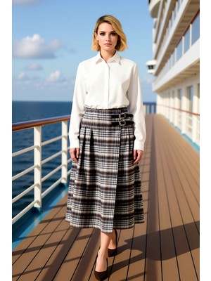 Benerly Kadın Maxi Etek Pileli Ekose Kemerli %46 Polyester %32 Pamuk %19 Viskoz %3 Likra Dayanıklı