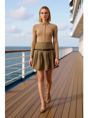 Benerly Kadın Çizgili Piliseli Mini Etek Yüksek Bel Kemerli Fonksiyonel Dayanıklı Kaliteli Estetik