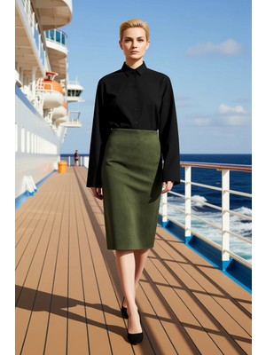 Benerly Kadın Yüksek Bel Kalem Midi Etek Yırtmaçlı Örme Kumaş Fonksiyonel Dayanıklı Kaliteli Rahat