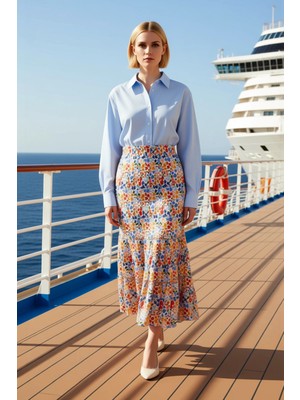 Benerly Kadın Maxi Etek Yüksek Bel Fırfırlı Dokuma %100 Viskoz Çiçek Desenli Fonksiyonel Dayanıklı