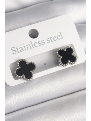 Vice Avm 316L Çelik Gümüş Renk Siyah Yonca Model Kadın Küpe EB-53-vice/(1395) 3420