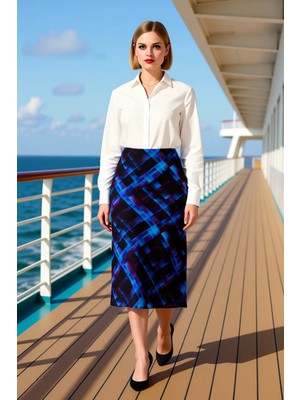 Benerly Kadın Kareli Dokuma Şifon Midi Etek Yüksek Bel Standart Kalıp Fonksiyonel Dayanıklı Modern