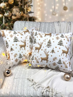 2li Kırlent Kılıfı Seti 43X43 cm Fermuarlı Çift Taraflı Dijital Baskı Yılbaşı Yeni Yıl Noel Konsepti New Year Christmas Fifty Home