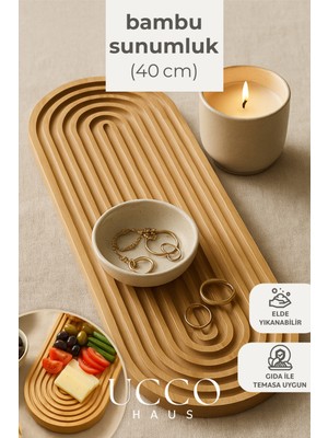 Ucco Doğal Bambu Sunumluk - 40X16X1,5CM– Kahve, Tatlı & Peynir Sunumluk Oval Oluklu Servis Tabağı