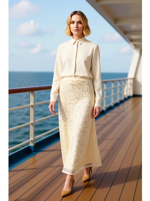 Benerly Kadın Midi Düz Desenli Payetli Örme Etek Yüksek Bel Fonksiyonel Dayanıklı Kaliteli Estetik