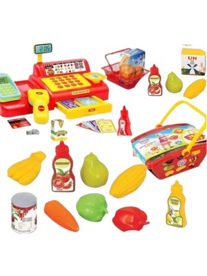 Scowetto Bahçe Kırmızı Aksesuarlı Süper Market Yazar Kasası&minik Alışveriş Sepeti Içi Dolu