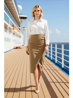 Benerly Kadın Midi Sarong Kalıp Dokuma Etek Yandan Büzgülü Yırtmaçlı Fonksiyonel Dayanıklı Estetik