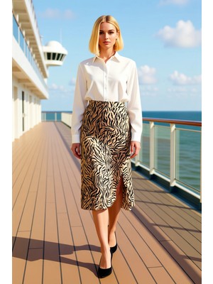 Benerly Kadın Yüksek Bel Midi Örme Etek Hayvan Desenli Fonksiyonel Dayanıklı Kaliteli Konforlu Şık