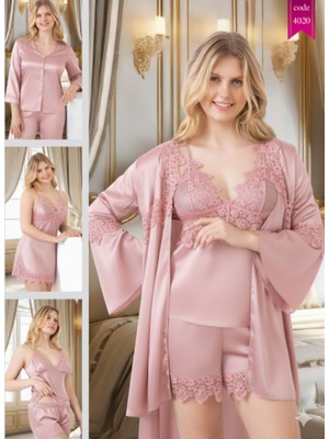 Miss Ayza 4020 Pierre Paris Ipek Saten 6'lı Kısa Gecelik ve Sabahlık Çeyiz Seti