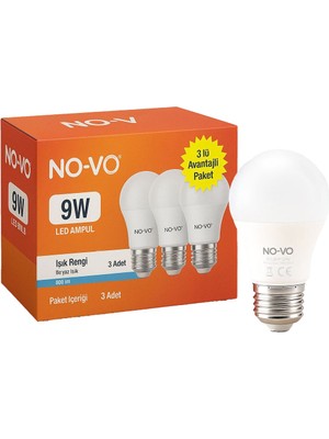 No-Vo 3lü Avantaj Paket 9W Beyaz LED Ampul E27 806LM 6500K 15.000 Saat Ömür (5224)