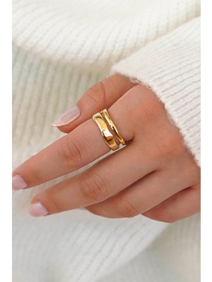 Trend Collection Minimal Gold Çift Sıra Ayarlanabilir Şık Kadın Yüzük - Ayarlanabilir