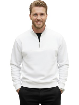 Deepsea Erkek Beyaz Relax Fit Içi Polarlı %100 Pamuk Yarım Fermuarlı Dik Yaka Sweatshirt 2600760
