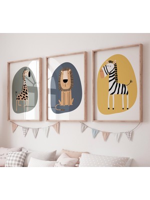 Ninastore Safari Bebek Odası Baskıları: Bohem Orman Hayvanları, Toprak Tonları, 3'lü Set