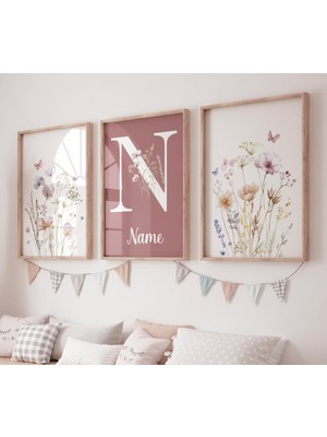 Ninastore Kır Çiçeği Isim Baskı Seti: Leylak Pembesi Çiçekli Çocuk Odası Dekoru