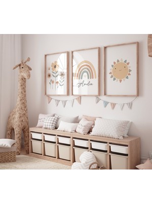 Ninastore Gökkuşağı Çocuk Odası Baskısı: Toprak Tonlarında Çiçek ve Güneş Sanatı