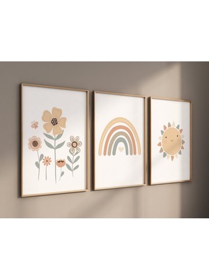 Ninastore Gökkuşağı Çocuk Odası Baskı Seti: Toprak Tonlarında Çiçek ve Güneş Sanatı