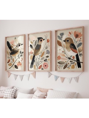 Ninastore Vintage Kuş Desenli Set: Nötr Sonbahar Bohem Duvar Sanatı