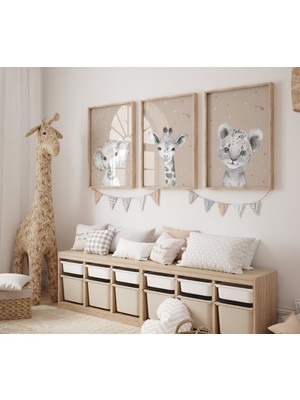 Ninastore Fil ve Zürafa Bebek Odası Baskısı: Nötr Bebek Odası Duvar Sanatı