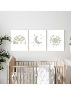 Ninastore Adaçayı Yeşili Çocuk Odası Desenleri: Gökkuşağı, Güneş, Ay Dekoru
