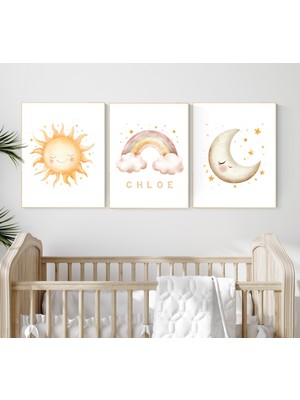 Ninastore Kişiselleştirilmiş Güneş Ay Gökkuşağı Baskılı Set: Bohem Bebek Odası Dekoru