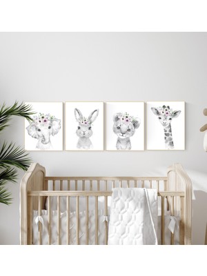 Ninastore Çiçekli Safari Hayvanlı Kreş Desenleri: Mor Kız Dekoru