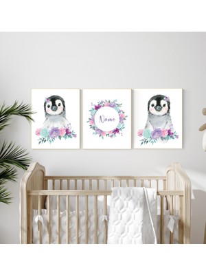 Ninastore Penguen Kreş Sanat Baskıları: Pembe, Mor, Turkuaz Çiçek Dekoru
