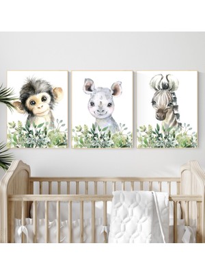 Ninastore Safari Bebek Odası Baskıları: Bebek Hayvan Suluboya Sanatı, Orman Dekoru
