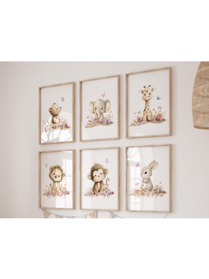 Ninastore Çiçekli Safari Hayvan Desenleri: Bohem Bebek Odası Dekoru, 6'lı Set