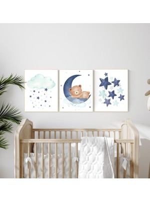 Ninastore Ayı Kreş Baskı Seti: Lacivert, Turkuaz Bulut ve Yıldızlar (Fiziksel Baskı)