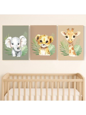 Ninastore Safari Bebek Odası Baskıları: Bebek Fil, Aslan, Zürafa - Nötr Orman Dekoru (3'lü Set)
