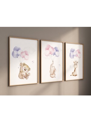 Ninastore Pembe ve Mor Hayvanlı Bebek Odası Desenleri: Fil, Ayı, Zürafa