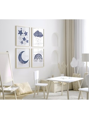 Ninastore Lacivert Bebek Odası Dekoru: Ay, Yıldızlar, Gökkuşağı Sanat Baskısı