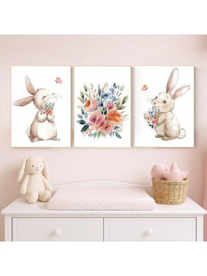 Ninastore Tavşan Kreş Sanat Baskıları: Suluboya Tavşan ve Çiçek Dekoru, 3'lü Set