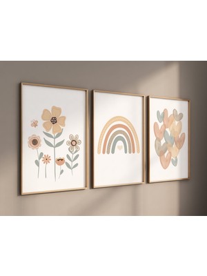 Ninastore Nötr Gökkuşağı Çocuk Odası Baskıları: Toprak Tonlarında Çiçek ve Kalp Sanatı