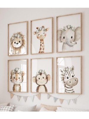 Ninastore Safari Hayvan Kreş Baskıları: Çiçekli Taç Orman 6'lı Set