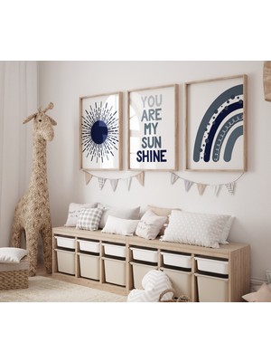 Ninastore Boho Lacivert Bebek Odası Desenleri: Gökkuşağı, Ay, Güneş (Çerçeveler Dahil Değildir)