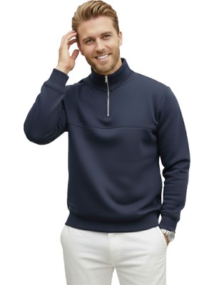 Deepsea Erkek Lacivert Relax Fit Içi Polarlı %100 Pamuk Yarım Fermuarlı Dik Yaka Sweatshirt 2600760