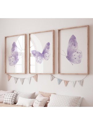 Ninastore Mor Kelebek Çocuk Odası Sanat Baskıları: Bohem Suluboya 3'lü Set